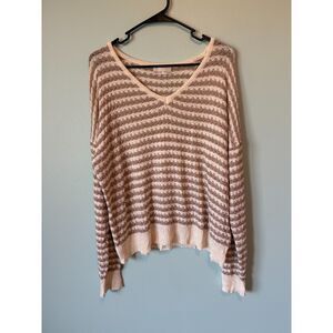 BeCool Women's open-stitch relaxed striped sweater beige white SZ large